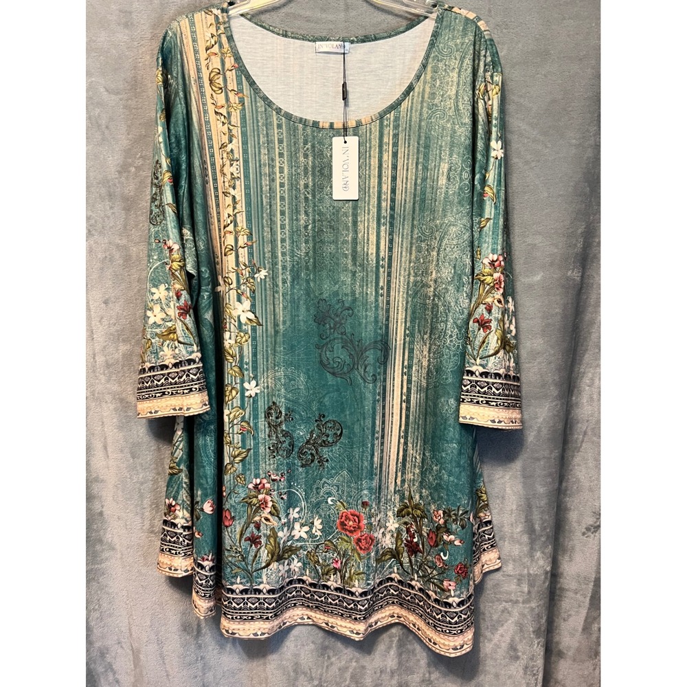 IN'VOLAND 3X Teal Floral Paisley Border Print Tunic Top NWT Boho